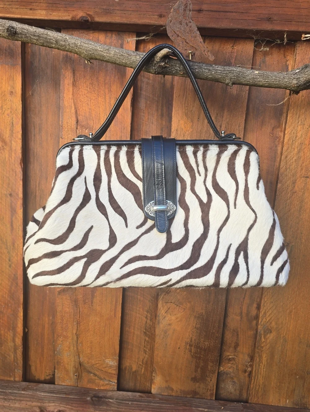 Brown and White Zebra-Print Satchel with Leather Trim